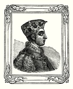 Henrik V syntyi vuonna 1388, kruunattiin vuonna 1413 ja kuoli vuonna 1422 (kaiverrus) tekijältä English School