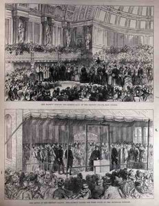 Hänen Majesteettinsa avaa Kansanpalatsin Queens Hallin ja laskee ensimmäisen kiven teknillisille kouluille, Illustrated London News, 21. toukokuuta 1887 tekijältä English School