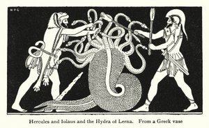 Hercules ja Iolaus ja Lernan hydra (litho) tekijältä English School