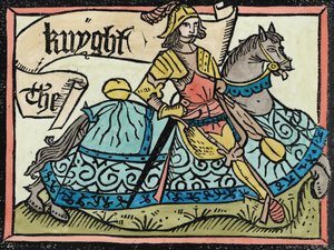 Here Begynneth the Knightes Tale, kuvitus Geoffrey Chaucerin (n. 1345-1400) teoksesta The Canterbury Tales, painaja William Caxton (n. 1422-1491) 1434 (myöhempi väritys) tekijältä English School