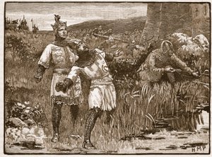 St. Clairin sankaruus Bridgnorthin linnan piirityksessä, kuvitus Cassells Illustrated History of Englandista (seepiakuva) tekijältä English School