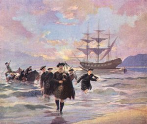 Ylämaan uudisasukkaat saapuvat Pictouhun, Nova Scotiaan, "Hector"-alukselta, 1773 (värilitografia). tekijältä English School