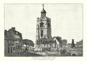 Hillingdonin kirkko noin vuonna 1740 (kaiverrus). tekijältä English School