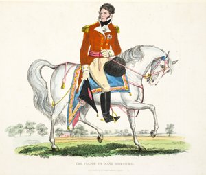 Hänen kuninkaallinen korkeutensa, Ison-Britannian prinssihallitsija, pub. kirjoittanut Richard Evans, engr Romney, kuvitus William Mudfordin historiallisesta kertomuksesta Waterloon taistelusta, 1816 (värinen kaiverrus tekijältä English School