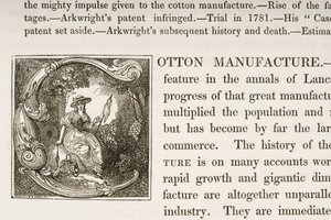 Historioitu alkukirjaus C, kirjasta British Cotton Manufacturing tekijältä English School