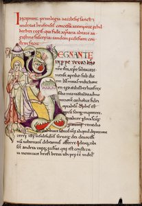 Historioitu alkukirjain "R" (egnante), jossa on Kristus ja lohikäärme, Textus Roffensis, ennen vuotta 1719 (faksimile pergamentille) tekijältä English School