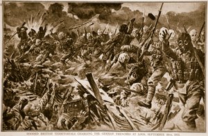 Hupulliset brittiläiset territoriaalit lataavat Saksan juoksuhautoja Loosissa, 25. syyskuuta 1915, 1914-1919 tekijältä English School