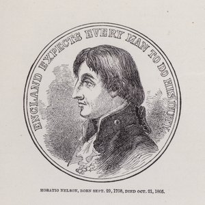 Horatio Nelson, syntynyt 29. syyskuuta 1758, kuollut 21. lokakuuta 1805 (kaiverrus) tekijältä English School