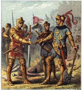Satavuotinen sota: Poitiersin taistelu (1356). Ranskan kuningas Johannes II Hyvä (1319-1364) tunnusti tappionsa ja meni Englannin Edward Plantagenet