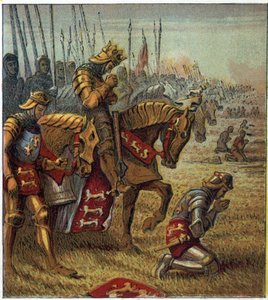 Satavuotinen sota: "" Azincourtin taistelu 25.10.1415"". Kuningas Henrik V (1387-1422) rukoili ennen kuin kohtasi ranskalaiset joukot. Agincourtin taistelu: Kuningas Henrik Viides rukoilee voittoa ennen taistelua. tekijältä English School