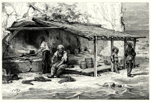 Tonnikalojen kalastajien majoja: Praeluccan lahti (kaiverrus). tekijältä English School