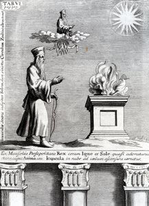 Kuva Zoroasterista, joka palvoo tulta ja aurinkoa, 1697 tekijältä English School