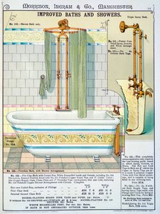 Parannettuja kylpyjä ja suihkuja saniteettitavaraluettelosta, jonka on tuottanut Morrison, Ingram & Co., Manchester, julkaistu noin 1890 tekijältä English School