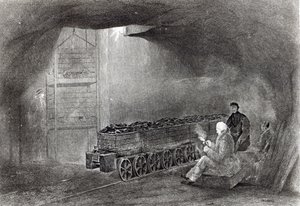 Hiilikaivoksessa, kuvitus W.Fordycen vuonna 1860 julkaisemasta teoksesta "A History of Coal, Coke, Coalfields and Iron Manufacture in Northern England". tekijältä English School