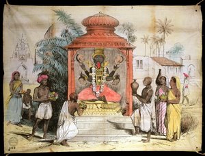 Intia, Kali-hahmo ja palvonta, n. 1850 (muste ja pesut kankaalla) tekijältä English School