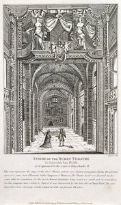Lontoon Dukes-teatterin sisällä, Richard Sawyerin kaiverrus, 1820 tekijältä English School