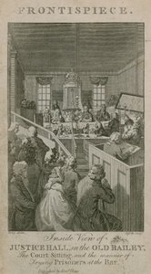 Sisäkuva Old Baileyssa sijaitsevasta Justice Hallista, oikeuden istunnosta ja vankien oikeudenkäynnistä baarissa tekijältä English School