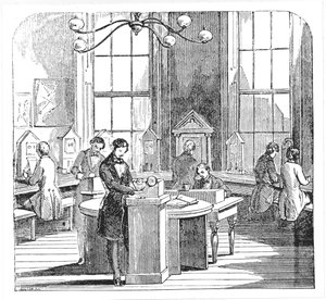 Instrumenttihuone Electric Telegraph Officessa, Lothbury, Lontoo, Dionysius Lardnerin tiede- ja taidemuseosta, n. 1860 tekijältä English School