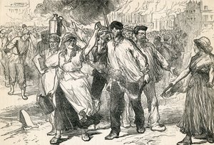 Pariisin katuja tuhoavat kapinalliset, otettu Cassells Illustrated Historysta, 1872 tekijältä English School