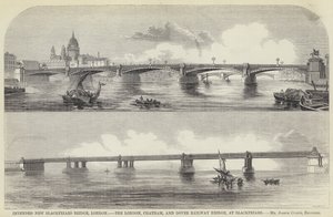 Suunniteltu uusi Blackfriars Bridge, Lontoo, Lontoo, Chatham ja Dover Railway Bridge, Blackfriarsissa (kaiverrus) tekijältä English School