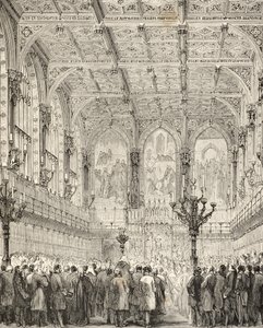 The Interior of the House of Lords, William Hickman Smith Aubreyn (1858-1916) julkaisusta The National and Domestic History of England, julkaistu Lontoossa, noin 1890 tekijältä English School