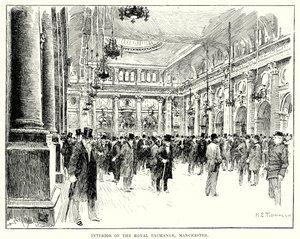 Manchesterin kuninkaallisen pörssin sisätilat (kaiverrus) tekijältä English School