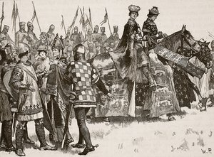 Becketin ja kuningas Henryn haastattelu, kuvitus Cassells Illustrated History of Englandista (seepiakuva) tekijältä English School