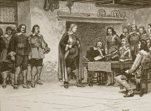 Charlesin ja Earl of Denbighin haastattelu, kuvitus Cassells Illustrated History of Englandista (seepiakuva) tekijältä English School