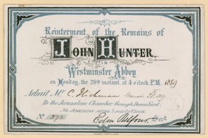 Kutsu John Huntersin jäännösten uudelleensijoittamiseen Westminster Abbeyssa, Lontoossa, 28. maaliskuuta 1859 tekijältä English School