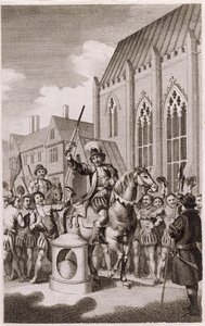 Jack Cadesin kapina vuonna 1450: Cade julistautuu Lontoon Cityn herraksi London Stonessa, Cannon Streetillä, n. 1770 tekijältä English School