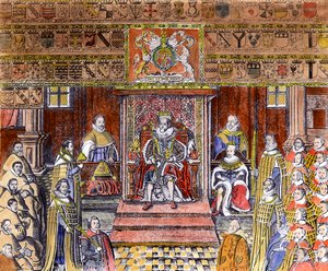 James I Englannista (1566-1625) Courtissa, (kaiverrus) (myöhempi väritys) tekijältä English School
