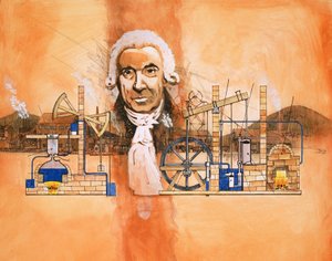 James Watt, uuneja ja mekaanisia pumppuja taustalla tekijältä English School