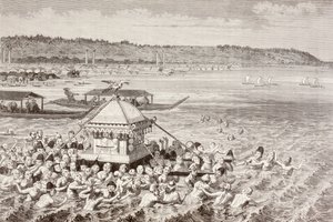 Japanilaiset kalastajat juhlivat Gots-Tennooa 1800-luvulla (litho) tekijältä English School