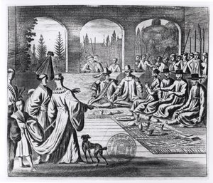 Jesuiitat hollantilaisten ja portugalilaisten kauppiaiden kanssa Japanin keisarin hovissa, kuvitus Arnold Montanuksen ikimuistoisesta suurlähetystöstä Japanin keisarille, julkaistu Lontoossa 1670 tekijältä English School