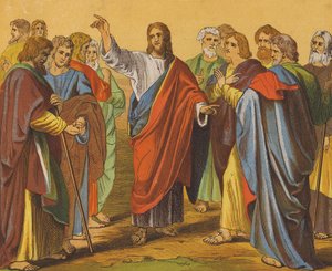 Jeesus Kristus lähettää kaksitoista apostolia (värilitografia). tekijältä English School