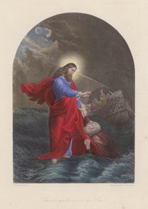 Jeesus Kristus kävelee Galilean merellä (värillinen kaiverrus). tekijältä English School