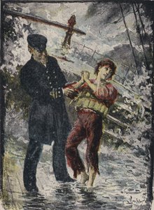 John Alexander Strachan, höyrylaivan Cyprianin kapteeni, luovuttamassa pelastusliivinsä nuorelle salamatkustajalle ennen kuin laiva haaksirikkoutui myrskyssä Walesin rannikolla vuonna 1881 (väri litho) tekijältä English School