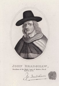 John Bradshaw, englantilainen tuomari, joka oli High Court of Justice -tuomioistuimen presidentti kuningas Charles I:n oikeudenkäynnissä vuonna 1649 (kaiverrus) tekijältä English School