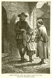 John Bunyan ja hänen sokea lapsensa Bedfordin vankilan portilla tekijältä English School