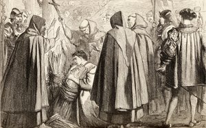 John Frith poltetaan roviolla harhaopin takia vuonna 1533, n. 1865 (puukaiverrus) tekijältä English School
