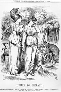 Oikeutta Irlannille!, kaiverrus Joseph Swain, Punch, 17. tammikuuta 1880 tekijältä English School