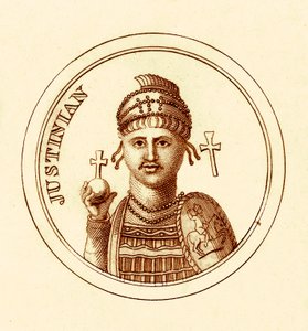 Justinianus, kuvitus George Crabbin yleisestä historiallisesta sanakirjasta, julkaistu 1825 (digitaalisesti paranneltu kuva) tekijältä English School