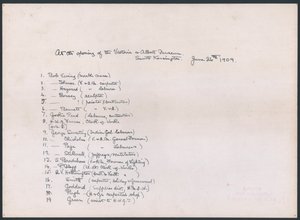 Avain valokuvaan työläisryhmästä, joka esitti osoitteen kuningas Edward VII:lle Victoria and Albert Museumin avajaisissa (muste paperille) tekijältä English School