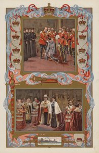 Kuningas Edward VII:n ensimmäiset säädyt hallitsijana vuonna 1901 (värilitografia). tekijältä English School