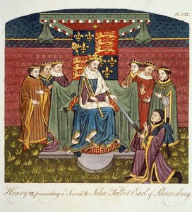 Kuningas Henrik VI (1421–1471) esittelee miekan John Talbotille (n. 1388–1453) Earl of Shrewsburylle, esimerkki Englannin kansan pukeutumisesta ja tavoista, osa II, julkaistu 17. tekijältä English School
