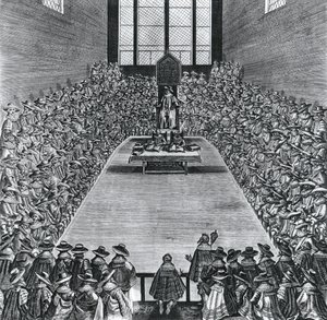 Kuningas James I (1566-1625) parlamenttitalossa, 1624 tekijältä English School