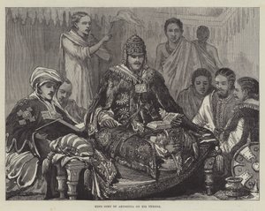 Abessinian kuningas Johannes valtaistuimellaan (kaiverrus) tekijältä English School