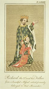 Kuningas Richard II (1367-1400) isänsä Edwardin (1330-76) Mustan prinssin kanssa, kuvitus Englannin kansan pukeutumisesta ja tavoista täydelliset näkemykset, osa II, julkaistu 1799 (värillinen) tekijältä English School