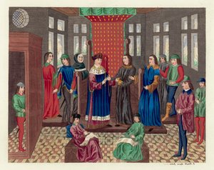 Kuningas Richard II eroaa kruunustaan ja valtiostaan (värillinen kaiverrus) tekijältä English School