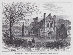Kirkstall Abbey, Kirkstallin asema, lähellä Leedsiä (kaiverrus) tekijältä English School
